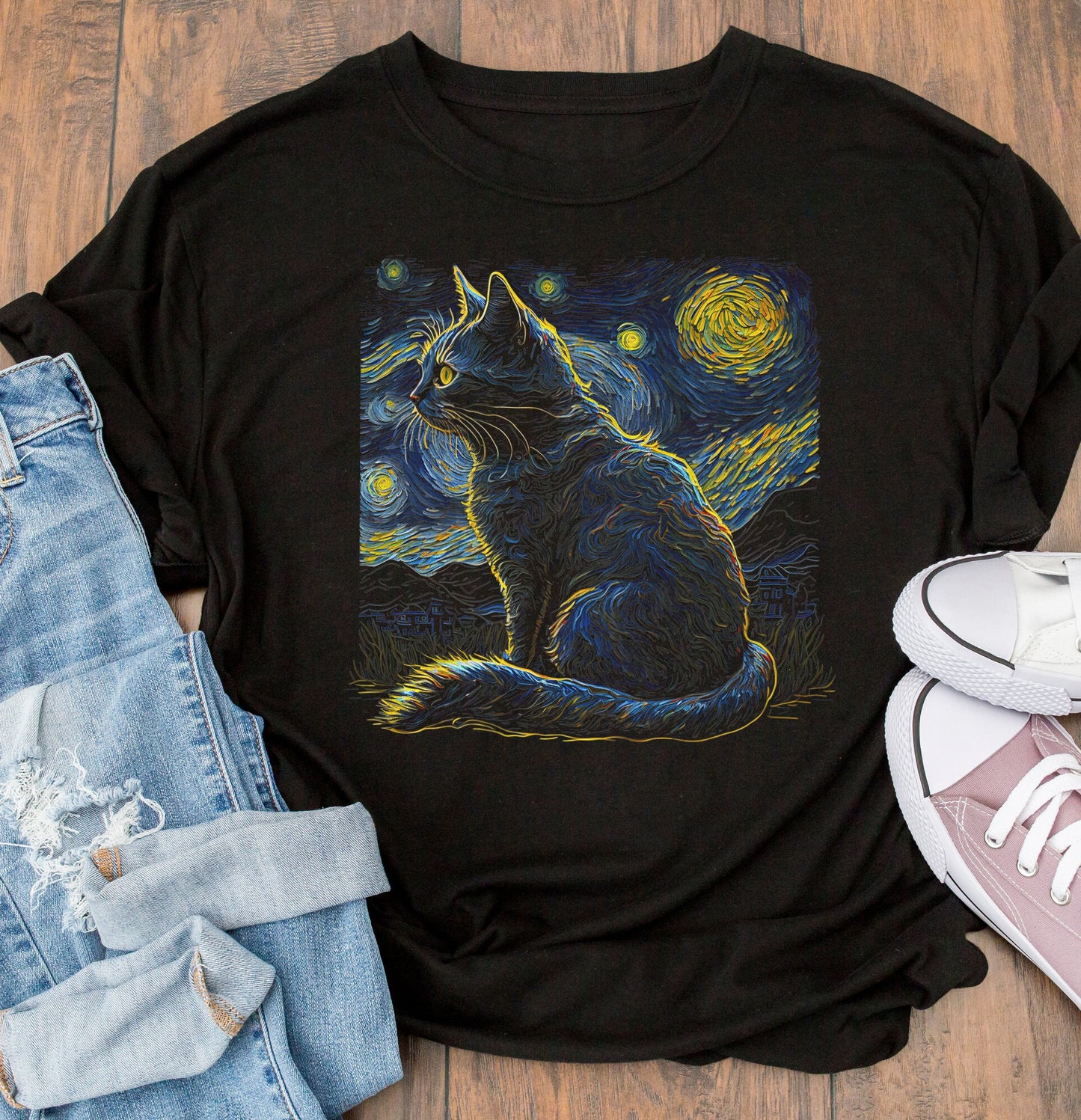 Cat T-Shirt, Van Gogh Tee, Tshirt for Art Lovers, Art Tee, Graphics T shirt, Cat van Gogh Tshirt