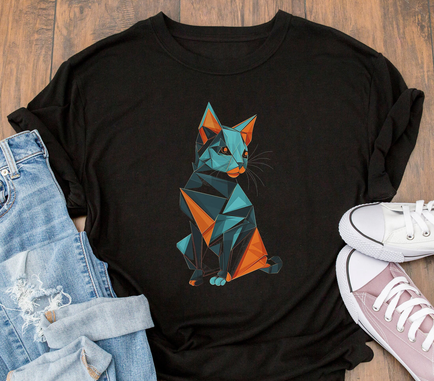 Origami Cubism Cat Tee | Abstract Art Cat Shirt | Unique Cat Lover's Gift | Cubist Style Apparel | Modern Art Cat Design